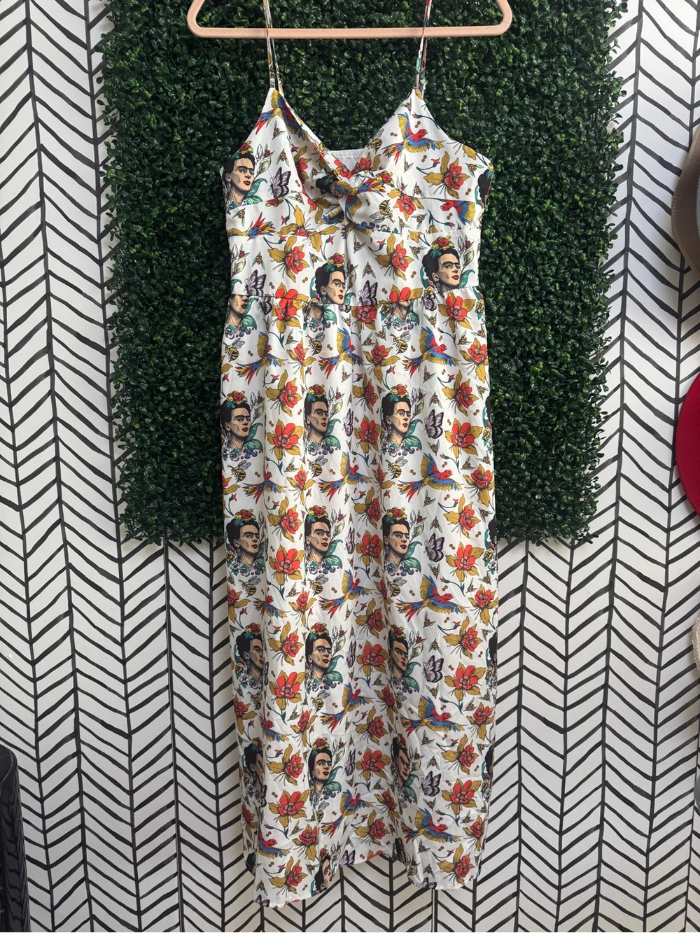 White Floral Frida Kahlo Print Slip Dress